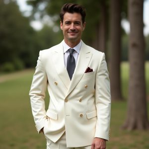 Men 2 Piece Cream Color Double Breasted Suit , Custom Suit , Groomsmen Suit , Bespoke Suit , Pant Suit , Wedding , Engagement Suit