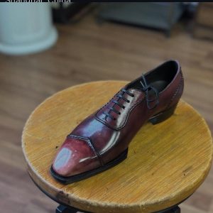 Burgundy Goodyear Welted Captoe Oxford Shoes: Italian Leather Semi Brogue