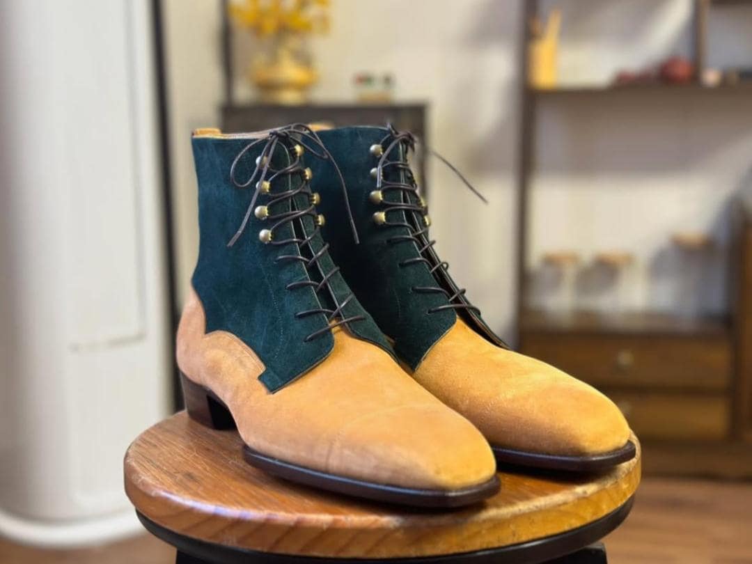Green And Beige Suede Leather Boots Goodyear Welted  Boots  Italian Leather Handmade Boots Unisex Boots