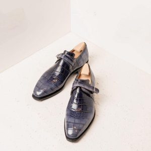 Smoked Gray Crocodile Pattern Patina Single Monkstrap Goodyear Welted Handmade Shoes – Italian Style