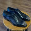Black Goodyear Welted Captoe Oxford Shoes Gray Patina Cap: Italian Leather Handmade Semi Brogue