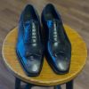 Black Goodyear Welted Captoe Oxford Shoes Gray Patina Cap: Italian Leather Handmade Semi Brogue