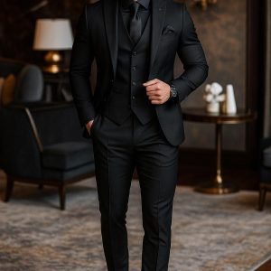 Men 3 Piece Suit Wedding Tuxedo For Groom – Slim Fit Suit With Vest – Black Formal Suit- Business Men Suits