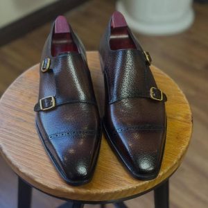 Men's Brown Grain Leather Monkstrp Handmade Leather Shoes For Men Wedding Shoes For Men In Brown