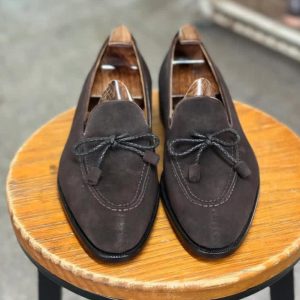 Men's Handmade Brown Suede Leather Bow Loafers: Goodyear Welted Italian Shoes