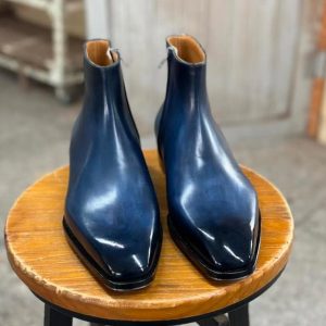 Blue Patina Chelsea Boots Leather Goodyear Welted Zipper Boots  Italian Leather Handmade Boots Unisex Boots